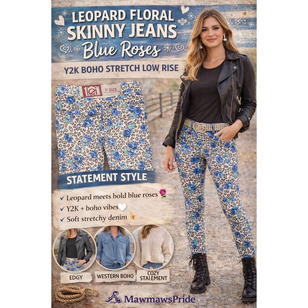 LEI Ashley Lowrise Skinny Pants Blue Floral‎ Leopard Print Size 11 Regular